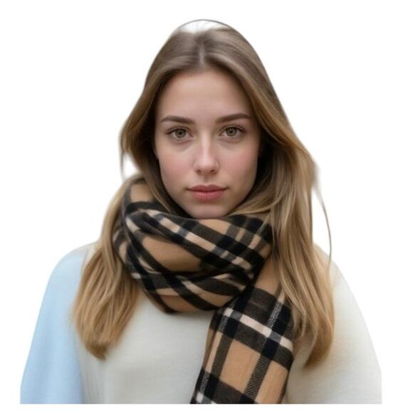 Plaid Scarf Womens Unisex Cashmink Tartan Black Tan Fringe Soft Germany - Picture 1 of 5